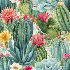 Fototapeta premium Seamless watercolor cactus pattern with blooming flowers and lush desert plants