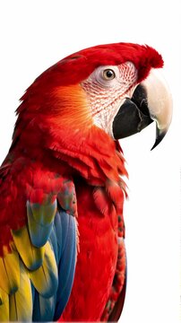 Studio close-up video of a vibrant red, blue, and yellow macaw parrot head against a plain white background. The bird slowly turns its head, blinking its eye with natural curiosity