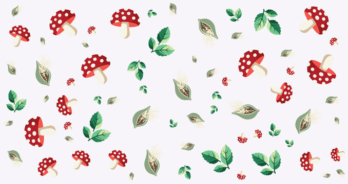 Whimsical fabric pattern with red and white spotted mushrooms green leaves and earthy tones perfect for textile or home decor designs