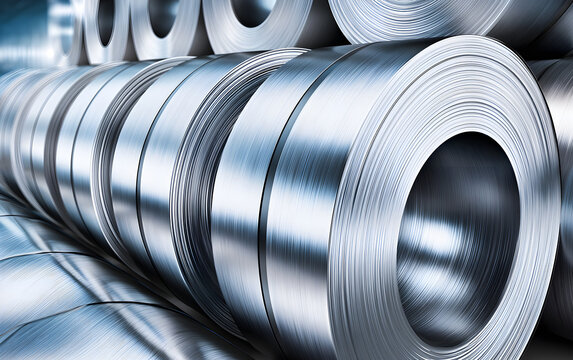 Metal coils stacked in a factory warehouse. Industrial raw material storage shows organised supply chain logistics for manufacturing and construction sectors. Precision metalwork in production