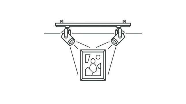 A line art illustration of two spotlights illuminating a framed picture on a wall.