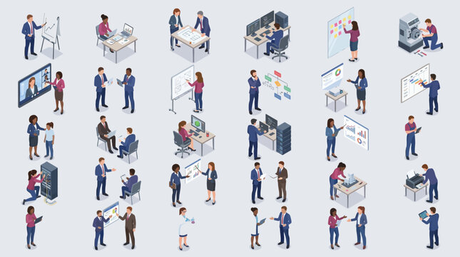 diverse office workers engaging in collaborative activities with technology and data visualization in modern workspace setting