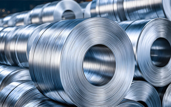 Metal coils stacked in a factory warehouse. Industrial raw material storage shows organised supply chain logistics for manufacturing and construction sectors. Precision metalwork in production