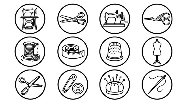 Clean line art generic vintage sewing machines and scissors emblem vector set with classic bold tailor badge retro sewing machine unbranded shears studio and sweet craft graphics for apparel