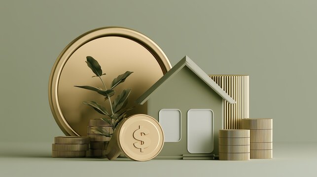Concept of real estate investment with a small house and stacked gold coins on a green background