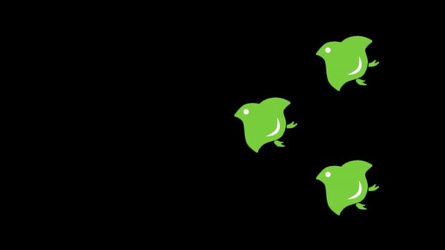 緑色の鳥のイラスト、3羽の鳥が右から左へ飛んでいく透過アニメーション