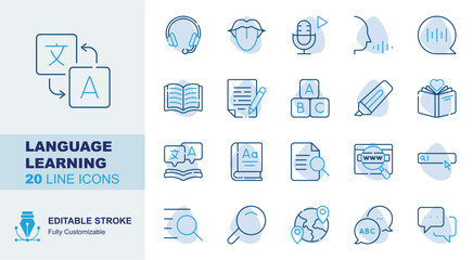 Fototapeta premium Language learning icon set. Editable line icons translation, headphones, pronunciation, voice record vector illustration