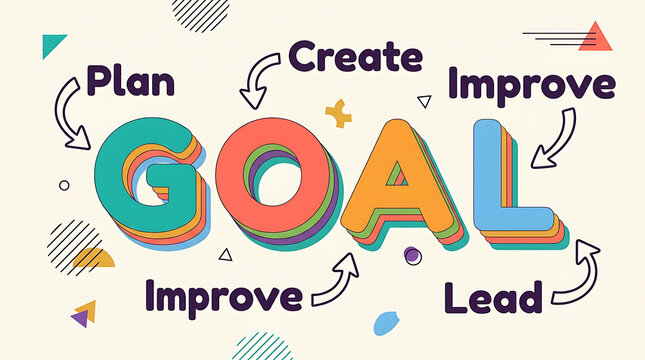 Strategic goal setting concept with plan create improve and lead words colorful illustration