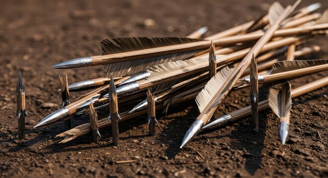 Close-up of a pile of ancient wooden arrows with metal tips and feather fletching lying on the ground
