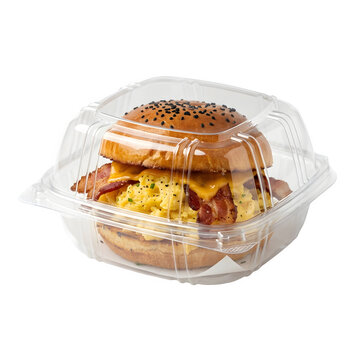 Breakfast sandwich with scrambled eggs, bacon, and melted cheese on a black sesame bun in a clear plastic clamshell container, white background isolated on a transparent background