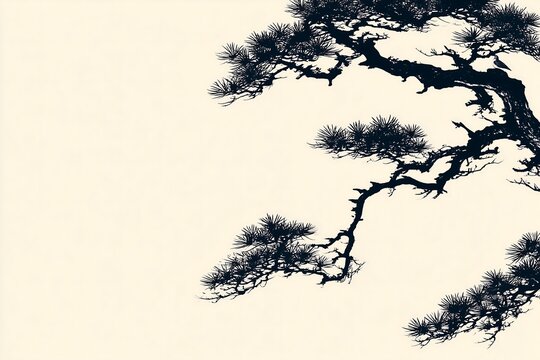 Traditional oriental ink painting illustration of pine tree branches on a light background with left copy space