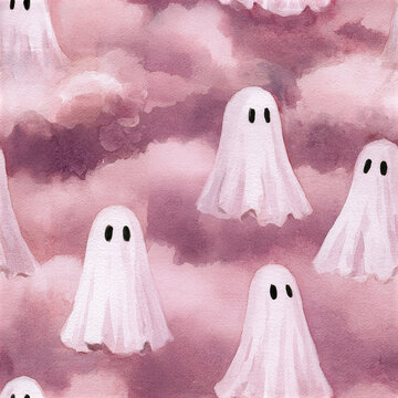 Seamless watercolor pattern featuring adorable floating ghost shapes with soft pink and purple