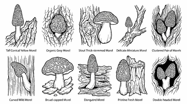 A collection of ten detailed black and white line art illustrations of various wild morel mushrooms.