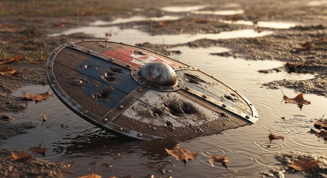 Battle-worn Viking shield lying in muddy water during rain, depicting signs of combat