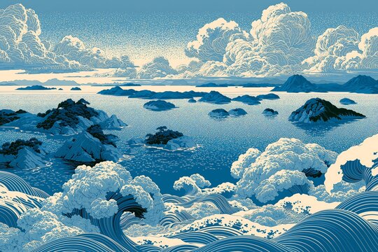 Traditional Japanese ukiyo-e style illustration of powerful ocean waves with many small islands and big clouds