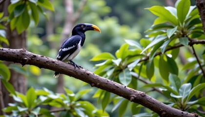 Naklejka premium The image shows a toucan perched on a thick, horizontal tree branch amidst lush green foliage