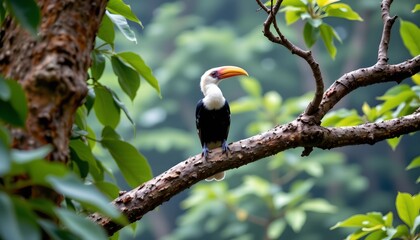 Naklejka premium The image features a solitary toucan perched on a thick, textured branch in a lush green forest