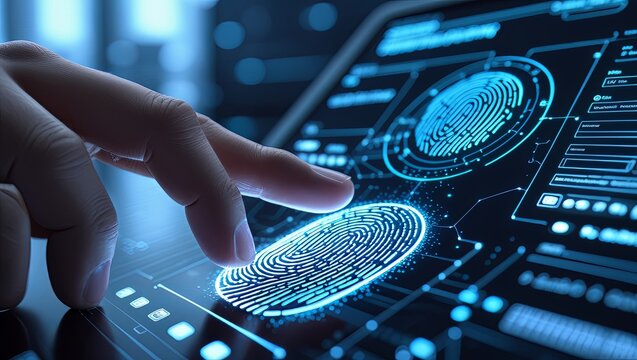 Fingerprint biometrics technology for secure identification on a futuristic digital interface