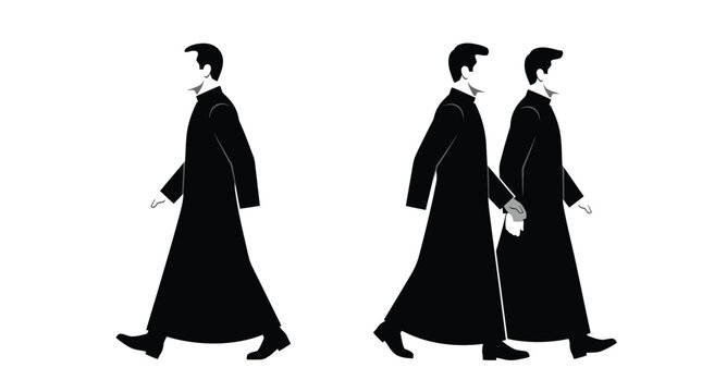 Minimalist vector illustration of three catholic priests walking in a clean black and white style