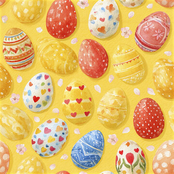 Seamless watercolor pattern filled with ornate Easter eggs and soft flower petals yellow