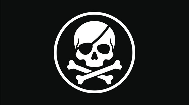 Minimalist pirate skull icon vector illustration featuring a simple white eye patch on black background