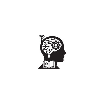 Human head icon with digital brain and ebook symbol