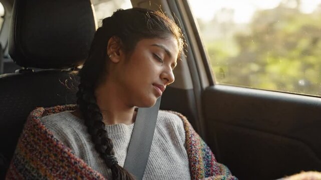 Young woman sleeping in car seat during sunset road trip