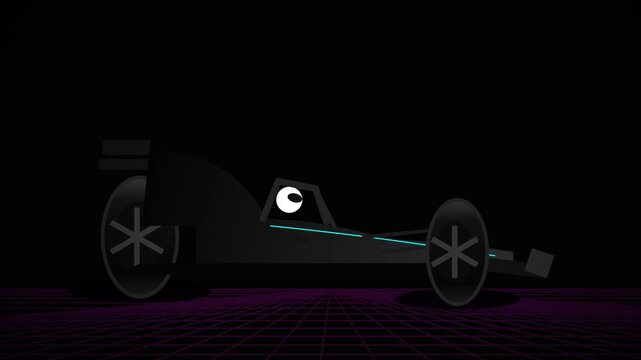 Futuristic stylized 2D animation of a high speed race car driving on a neon grid with abstract glowing particles, sparks, speed lines, and glitch effects in a dark cyberpunk aesthetic