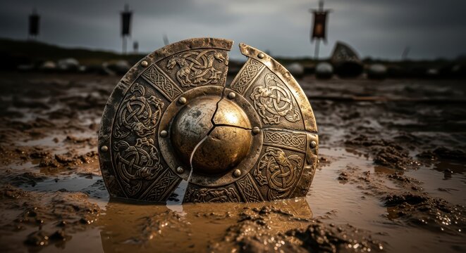 Broken Viking Shield Lying in Muddy Battlefield After Combat, Symbolizing Defeat and War Aftermath