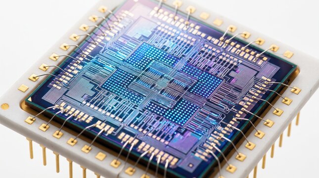 Close up view of microprocessor chip with intricate circuit board patterns, gold pins and electronic components, semiconductor technology, computer hardware engineering, macro p...