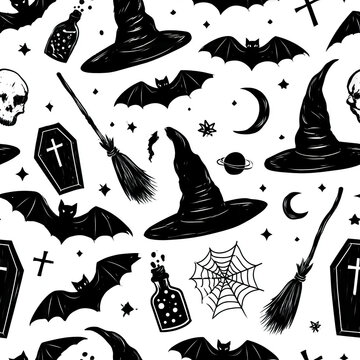 Black and white witchcraft seamless pattern with bats, witch hats, broomsticks, and skulls