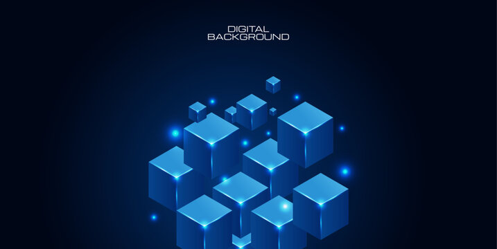 Abstract Isometric 3D Cube Technology Background with Glowing Digital Blocks and Futuristic Data Network