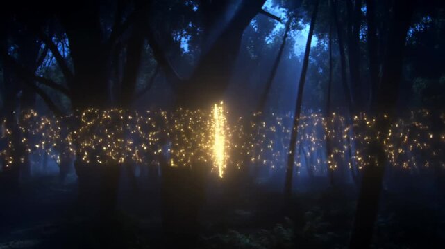 Static shot of glowing firefly swarm drifting and condensing into column within dark forest clearing at night