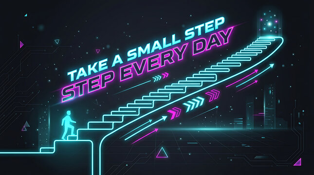 Neon light cyberpunk style take a small step every day motivational progress concept with staircase