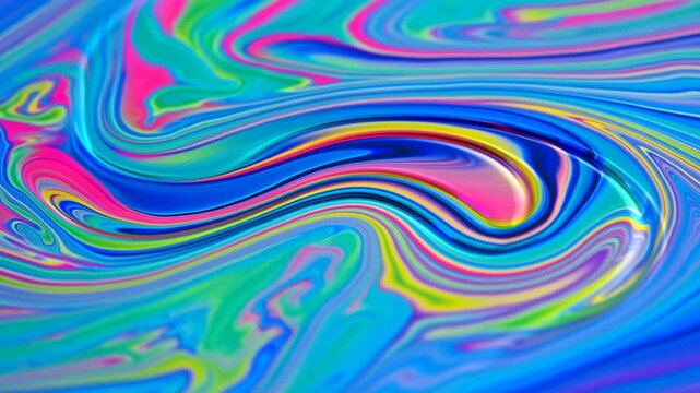 Slow motion tracking pan of colorful paint and ink swirling and mixing on macro tabletop studio surface with glossy multicolor iridescent patterns