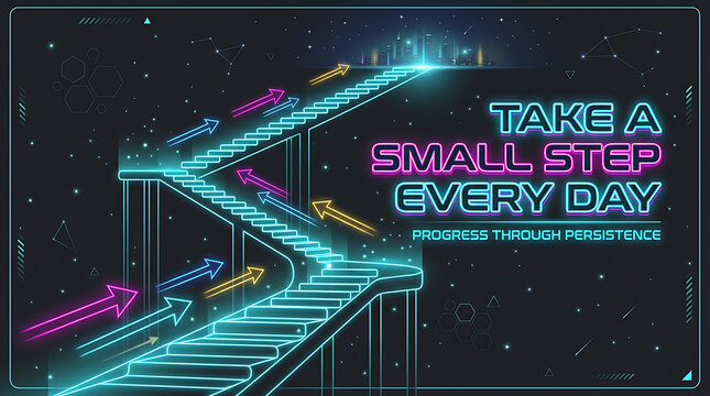 Futuristic neon staircase progress concept take a small step every day text with staircase, progress