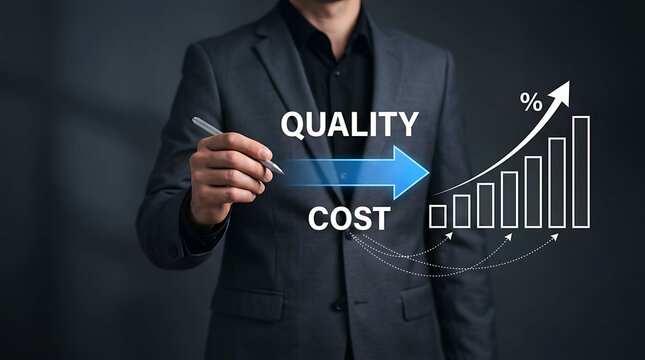 Businessman drawing quality cost control and financial growth chart strategy concept
