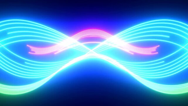 Slow motion neon light trails oscillating and crossing to form wave patterns on dark gradient background