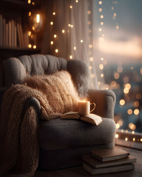 Cozy Winter Evening with Armchair, Warm Blanket, and Hot Drink by Window