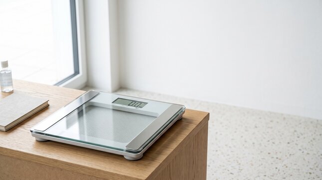 Modern digital bathroom scale on wooden surface near window.
