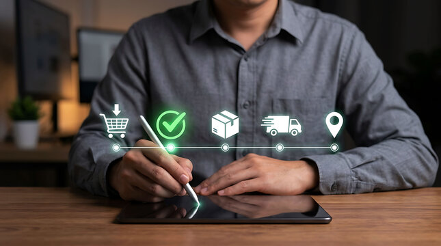 Man using stylus tablet to track order delivery online shopping process icon