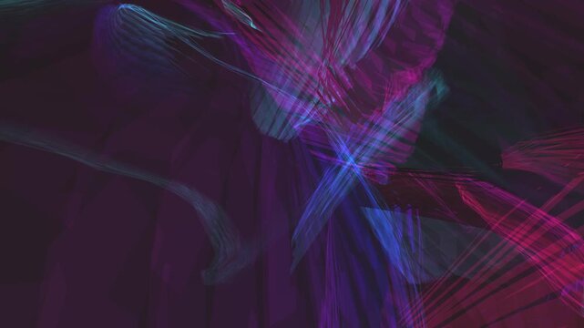 Seamlessly looping neon energy strands orbit a figure eight shape against a dark background, perfect for a futuristic presentation backdrop.
