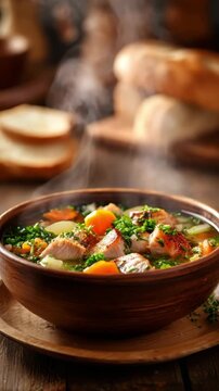 Hot meat and vegetable soup in wooden bowl with fresh bread on rustic table. Bowl of hearty soup made with turkey vegetables and herbs steam rising. concept of homemade comfort food