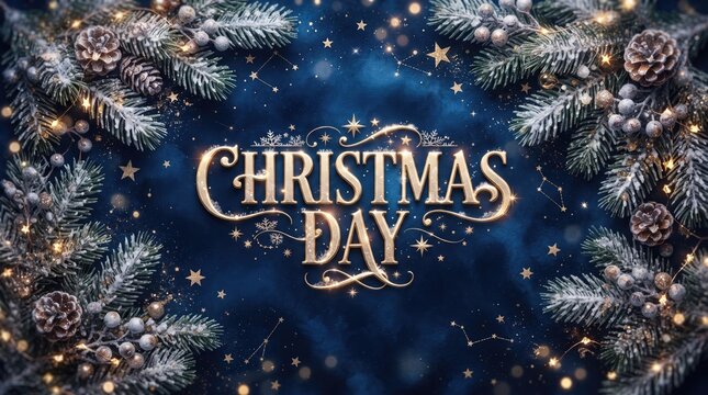 Christmas Day abstract background 2026 Beautiful christmas day text with pine branches and starry background