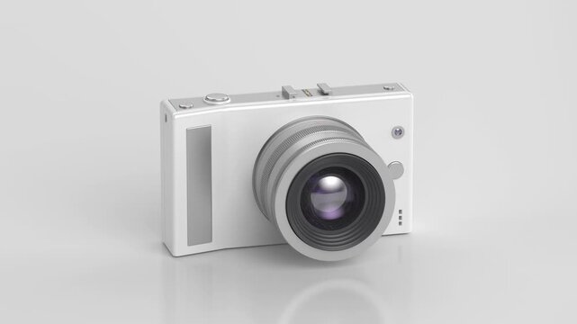 White mirrorless camera with zoom lens on shiny light gray background