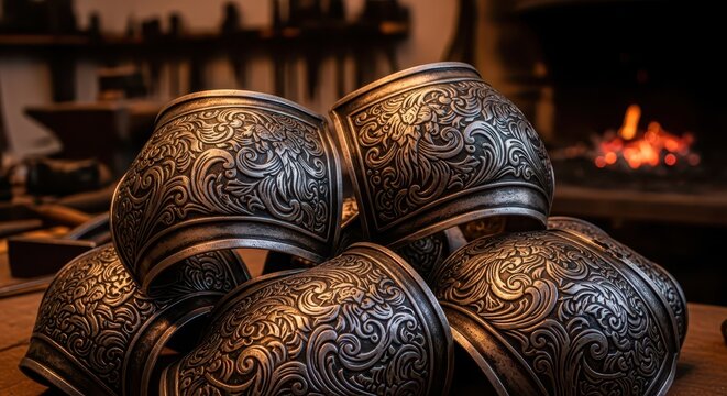 Close-up view of intricately engraved metal bracers stacked in a dimly lit blacksmith's workshop with a glowing forge in the background