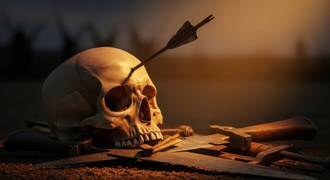Human skull pierced by an arrow, surrounded by ancient weapons, evoking themes of battle and mortality