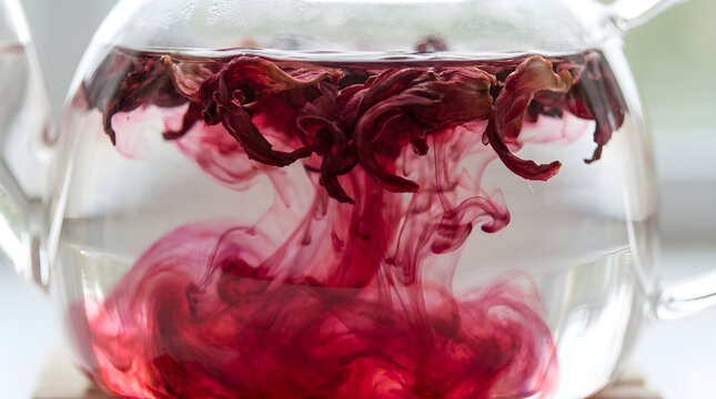 Red hibiscus tea brewing in glass teapot
