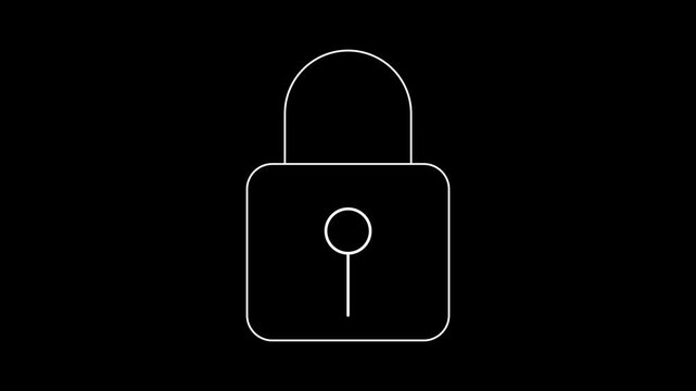 Clean white line drawing of a padlock on a solid black background lock security