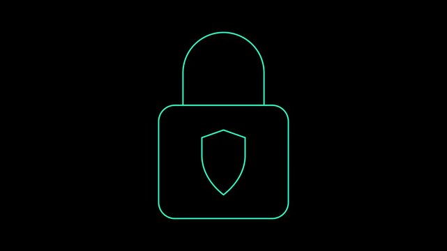 Green glowing neon padlock security icon on black background lock protection